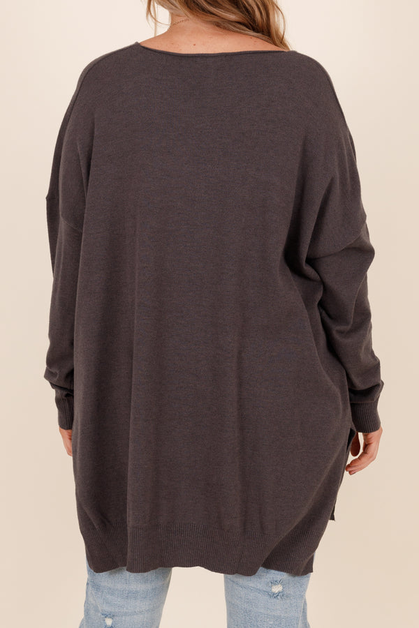 Chic Soul plus size clothing, ash grey long sleeves knitted sweater with a seamline down the front and side slits
