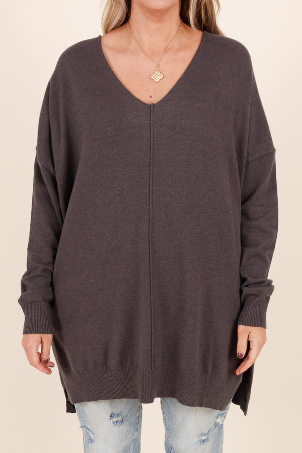 Chic Soul plus size clothing, ash grey long sleeves knitted sweater with a seamline down the front and side slits