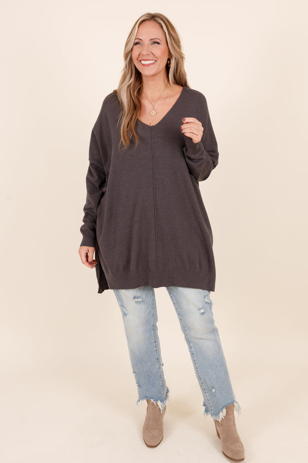 Chic Soul plus size clothing, ash grey long sleeves knitted sweater with a seamline down the front and side slits