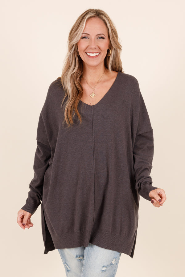 Chic Soul plus size clothing, ash grey long sleeves knitted sweater with a seamline down the front and side slits