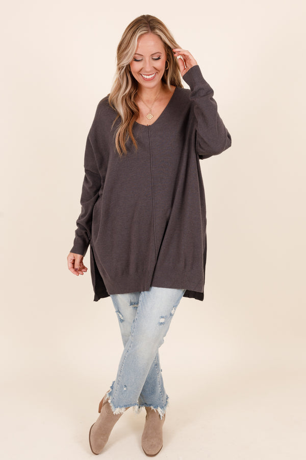 Chic Soul plus size clothing, ash grey long sleeves knitted sweater with a seamline down the front and side slits
