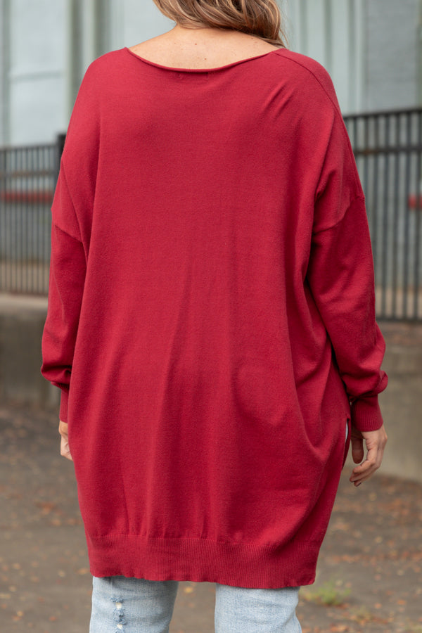 Chic Soul plus size clothing, dark rust long sleeves knitted sweater with a seamline down the front and side slits