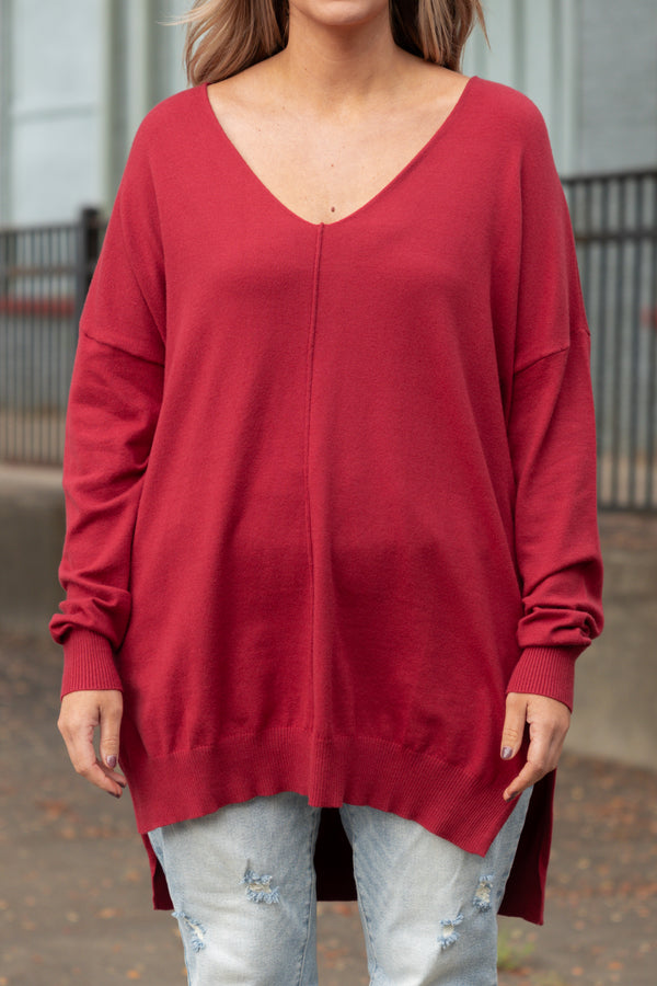 Chic Soul plus size clothing, dark rust long sleeves knitted sweater with a seamline down the front and side slits