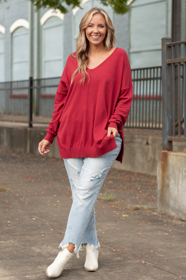 Chic Soul plus size clothing, dark rust long sleeves knitted sweater with a seamline down the front and side slits