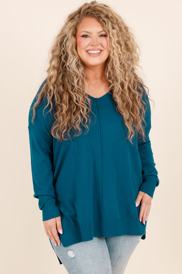 Chic Soul plus size clothing, teal long sleeves knitted sweater with a seamline down the front and side slits
