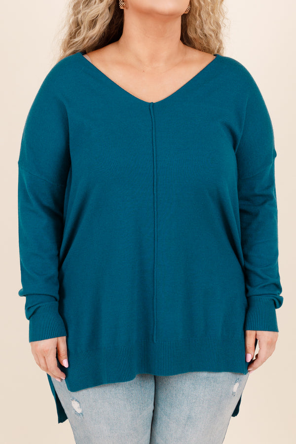 Chic Soul plus size clothing, teal long sleeves knitted sweater with a seamline down the front and side slits
