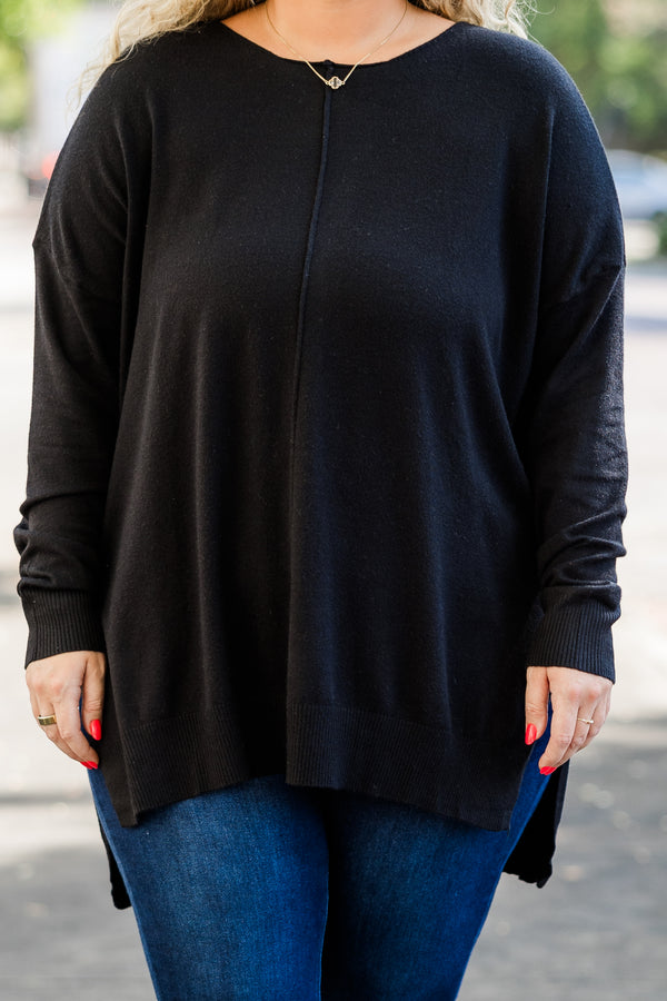 Chic Soul plus size clothing, slight v neck soft sweater longer in back slits on the sides outward seamline down center, black