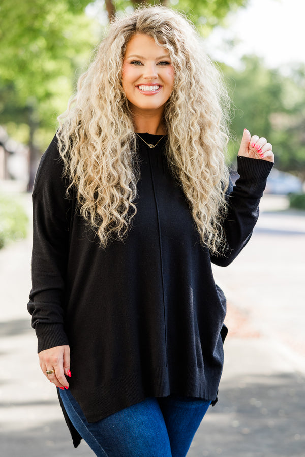 Chic Soul plus size clothing, slight v neck soft sweater longer in back slits on the sides outward seamline down center, black