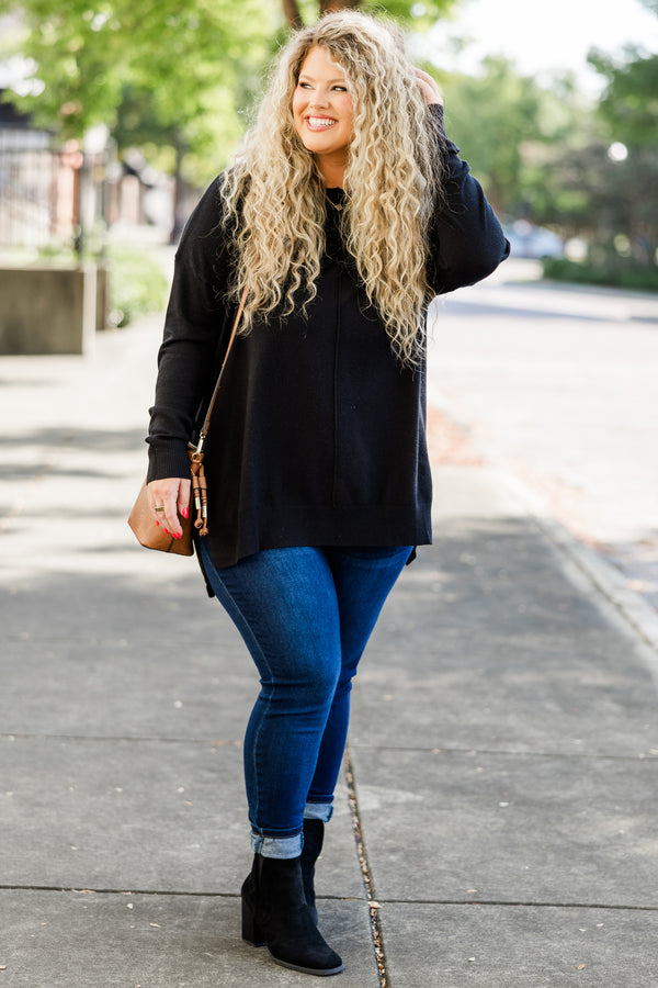 Chic Soul plus size clothing, slight v neck soft sweater longer in back slits on the sides outward seamline down center, black