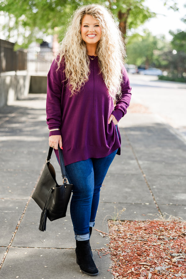 Chic Soul plus size clothing, slight v neck soft sweater longer in back slits on the sides outward seamline down center, purple