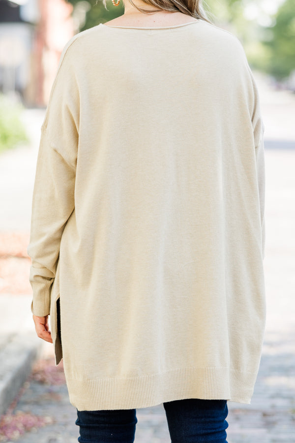 Chic Soul plus size clothing, slight v neck soft sweater longer in back slits on the sides outward seamline down center, beige