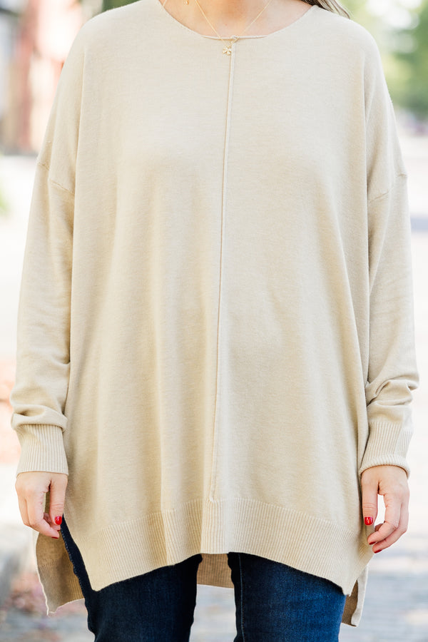 Chic Soul plus size clothing, slight v neck soft sweater longer in back slits on the sides outward seamline down center, beige