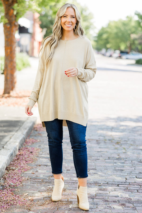 Chic Soul plus size clothing, slight v neck soft sweater longer in back slits on the sides outward seamline down center, beige