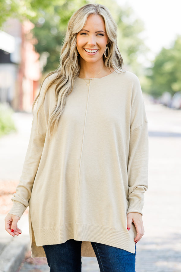 Chic Soul plus size clothing, slight v neck soft sweater longer in back slits on the sides outward seamline down center, beige