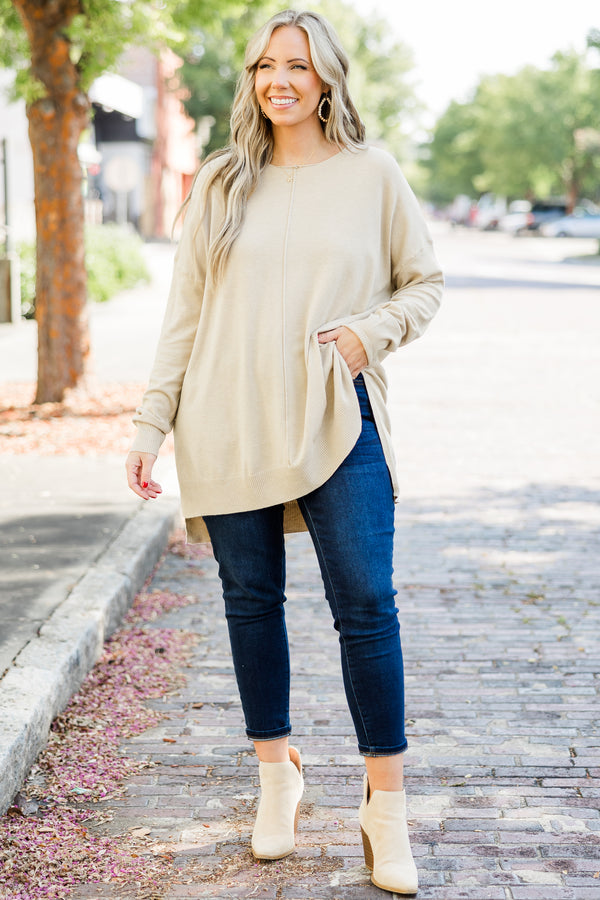 Chic Soul plus size clothing, slight v neck soft sweater longer in back slits on the sides outward seamline down center, beige