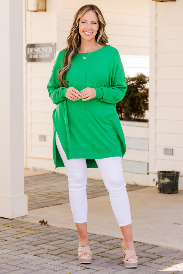 Chic Soul plus size clothing, kellygreen sweater with long sleeves and small slit on each side