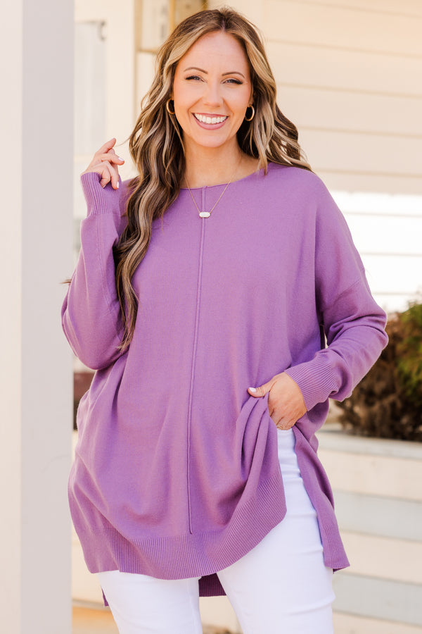 Chic Soul plus size clothing, lilac grey long sleeve knit sweater with raw hem down the front