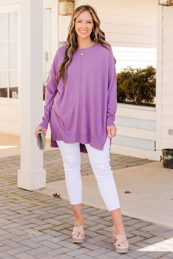 Chic Soul plus size clothing, lilac grey long sleeve knit sweater with raw hem down the front