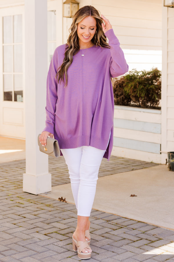 Chic Soul plus size clothing, lilac grey long sleeve knit sweater with raw hem down the front