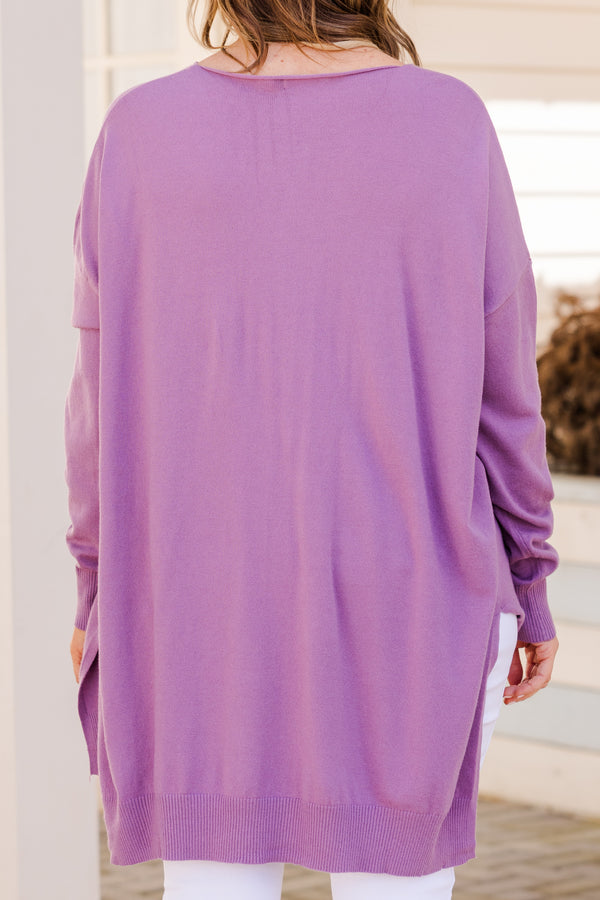 Chic Soul plus size clothing, lilac grey long sleeve knit sweater with raw hem down the front