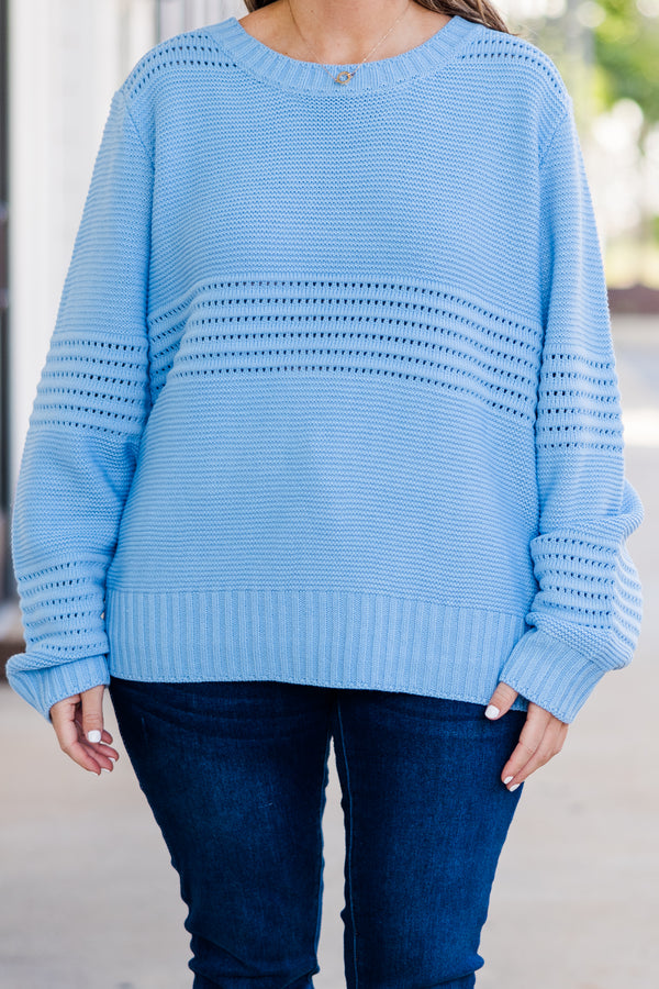 Chic Soul plus size clothing, long-sleeve blue knit sweater with striped and spotted knit pattern 