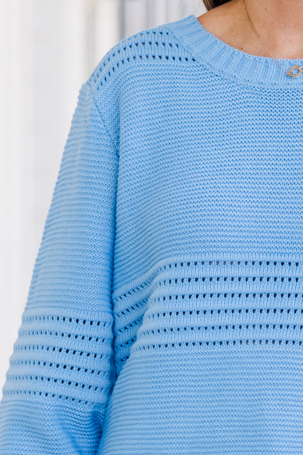 Chic Soul plus size clothing, long-sleeve blue knit sweater with striped and spotted knit pattern 