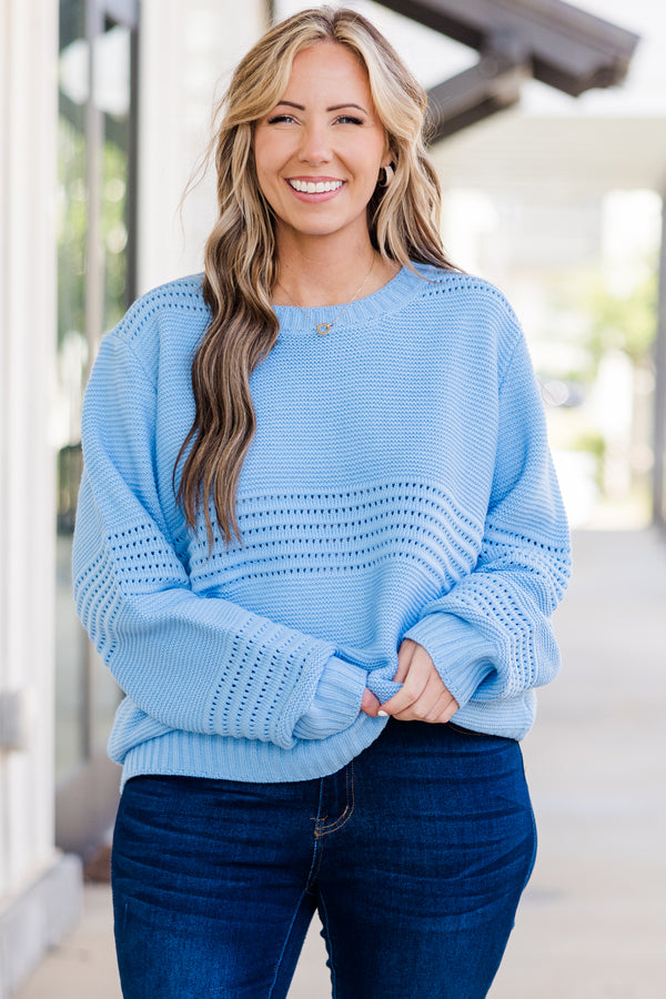 Chic Soul plus size clothing, long-sleeve blue knit sweater with striped and spotted knit pattern 