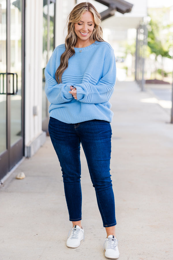Chic Soul plus size clothing, long-sleeve blue knit sweater with striped and spotted knit pattern 