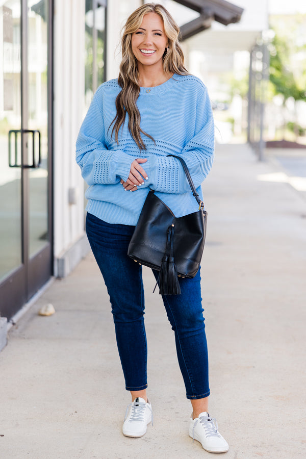 Chic Soul plus size clothing, long-sleeve blue knit sweater with striped and spotted knit pattern 