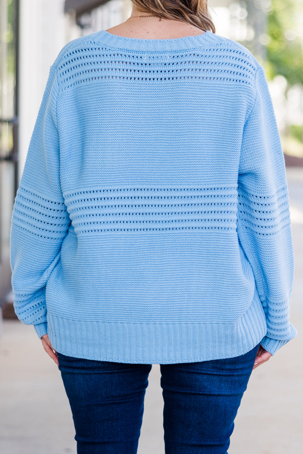 Chic Soul plus size clothing, long-sleeve blue knit sweater with striped and spotted knit pattern 