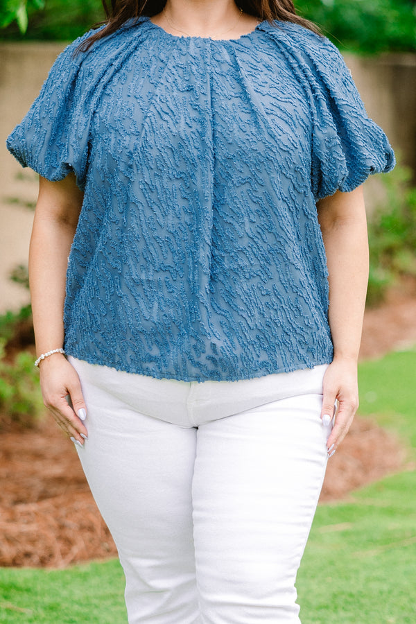 Chic Soul plus size clothing, denim blue short-bubble sleeve high pleated neckline textured blouse