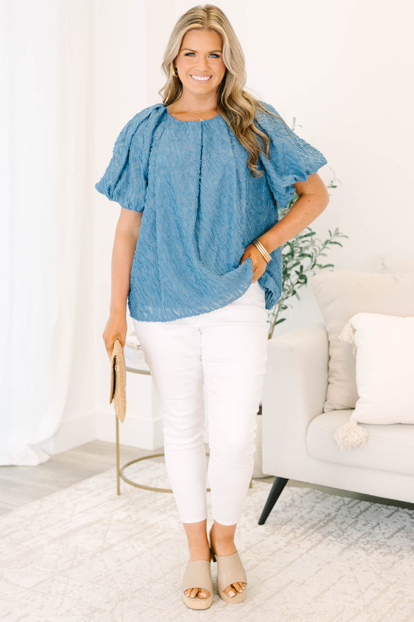 Chic Soul plus size clothing, denim blue short-bubble sleeve high pleated neckline textured blouse