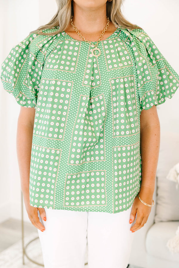 Chic Soul plus size clothing, green and white polka dot pattern top with puff sleeves with round neckline 