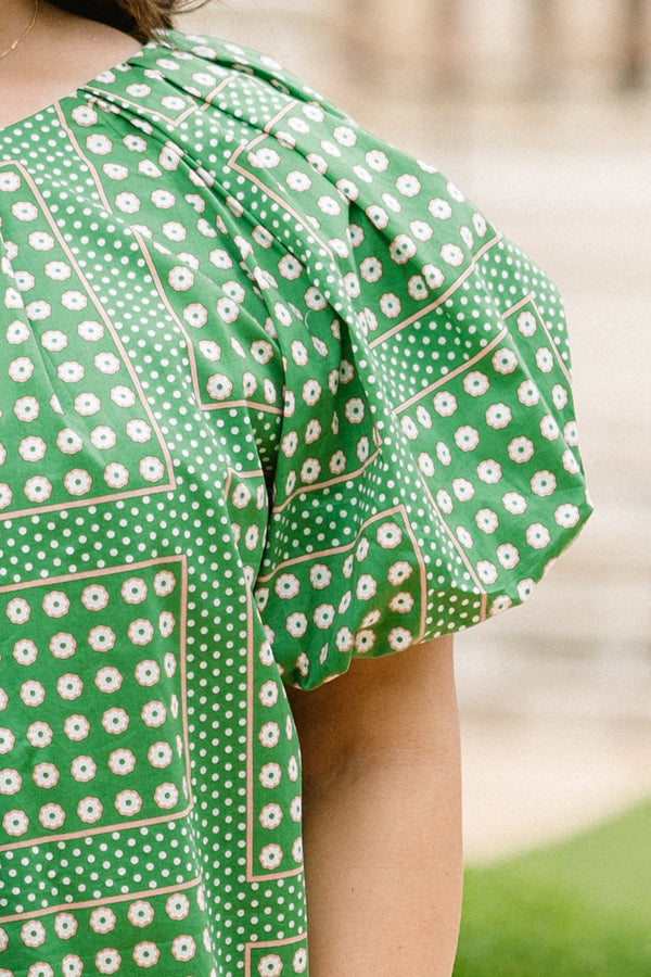Chic Soul plus size clothing, green and white polka dot pattern top with puff sleeves with round neckline 