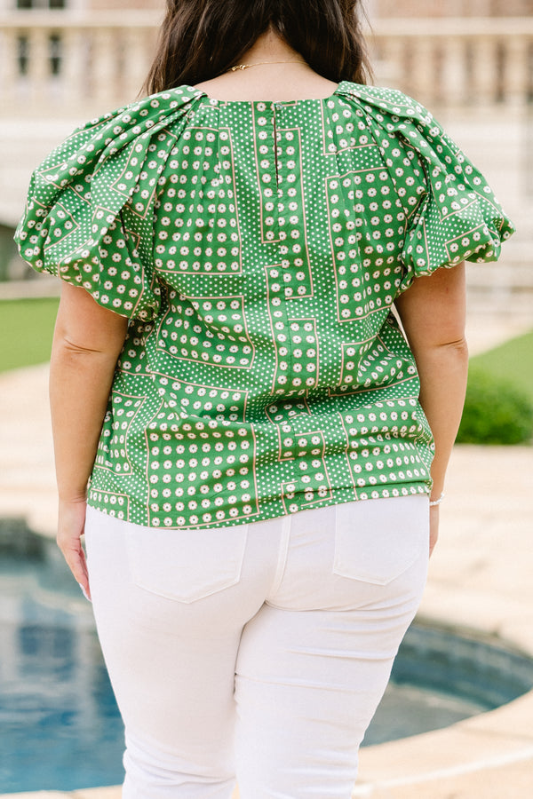 Chic Soul plus size clothing, green and white polka dot pattern top with puff sleeves with round neckline 