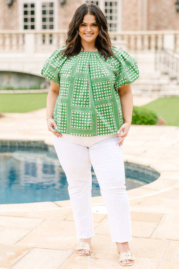Chic Soul plus size clothing, green and white polka dot pattern top with puff sleeves with round neckline 