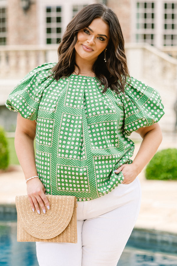 Chic Soul plus size clothing, green and white polka dot pattern top with puff sleeves with round neckline 