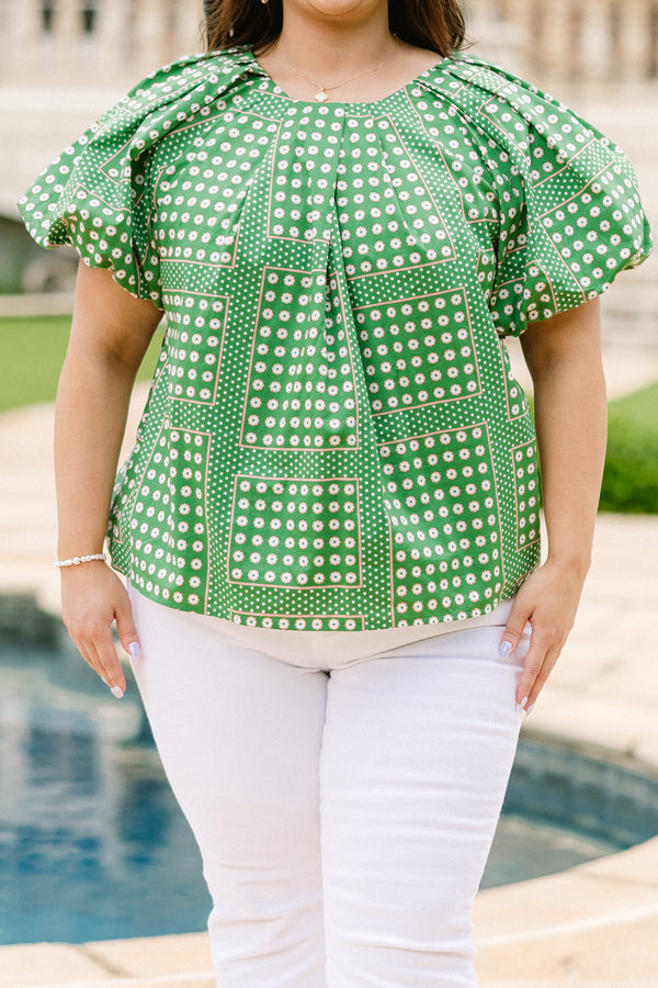 Chic Soul plus size clothing, green and white polka dot pattern top with puff sleeves with round neckline 