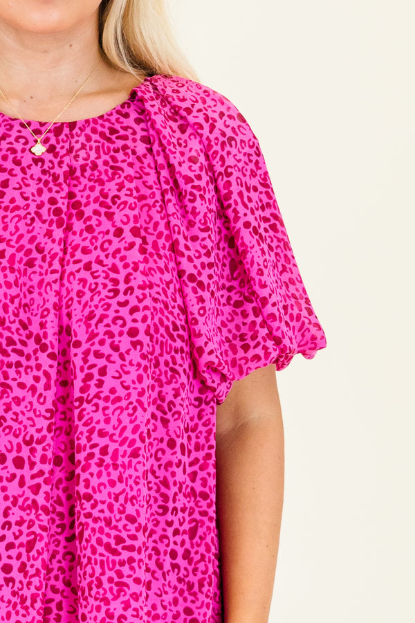 Chic Soul plus size clothing, short-ruffled-sleeve hot pink top with a scoop-neckline and dark pink leopard print pattern
