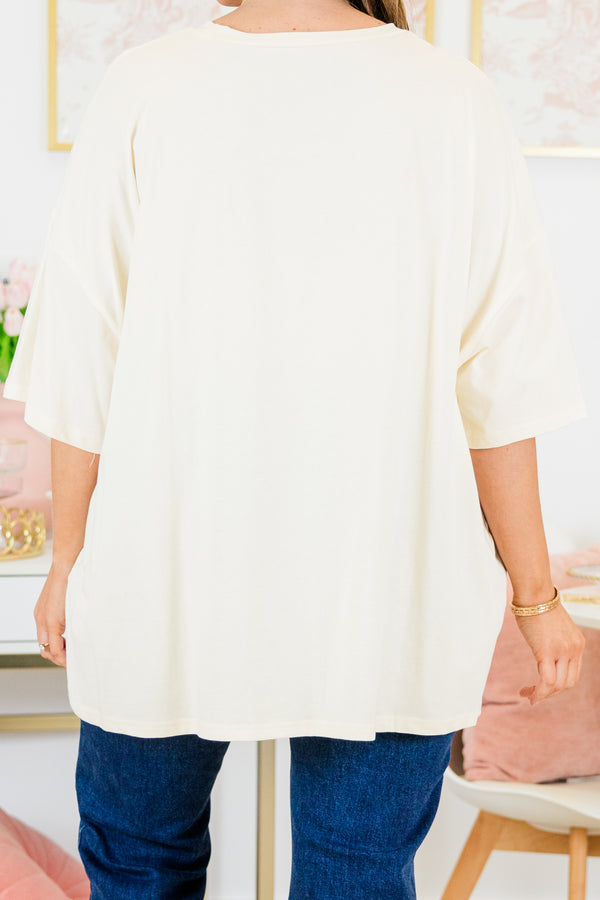 Chic Soul plus size clothing, ivory boyfriend tee with multicolor bows in various shapes and sizes