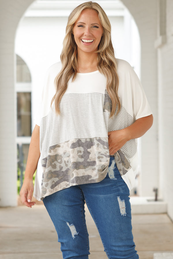Chic Soul plus size clothing, olive green and white colorblock style top with camo and striped pattern and front pocket