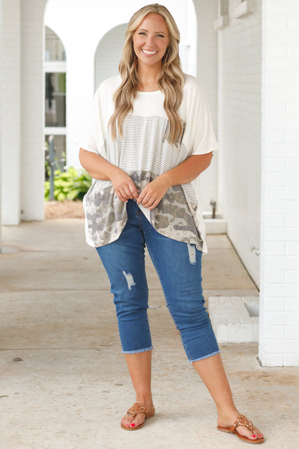 Chic Soul plus size clothing, olive green and white colorblock style top with camo and striped pattern and front pocket