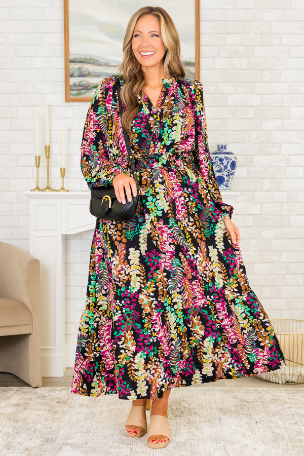 Chic Soul plus size clothing, long-sleeve black midi dress with a smocked waistline and a v-neckline with a bright multi-colored floral pattern