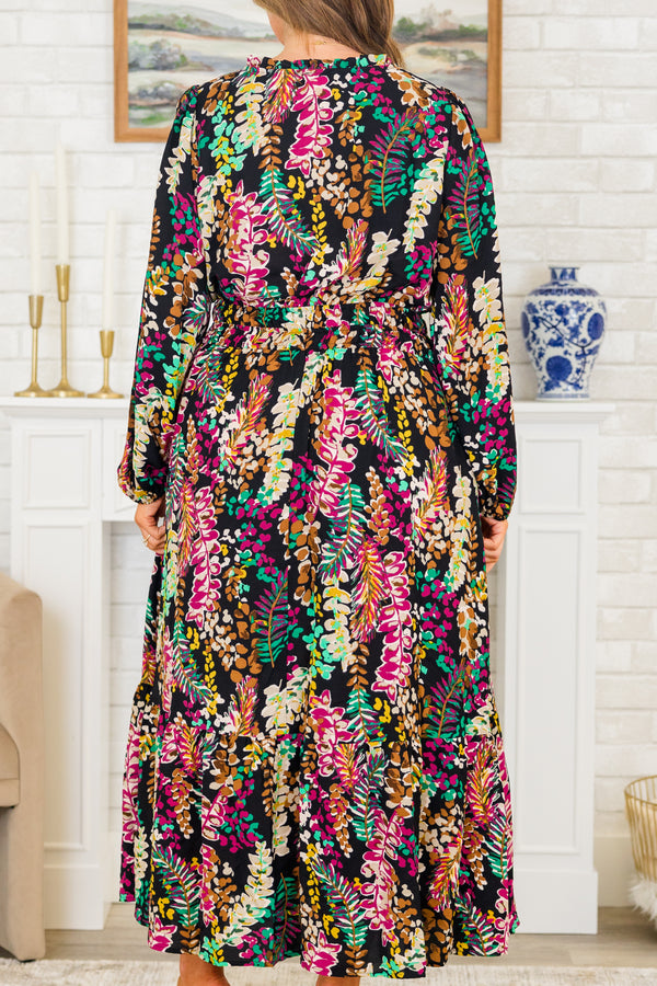 Chic Soul plus size clothing, long-sleeve black midi dress with a smocked waistline and a v-neckline with a bright multi-colored floral pattern