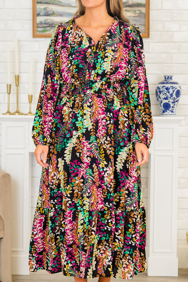 Chic Soul plus size clothing, long-sleeve black midi dress with a smocked waistline and a v-neckline with a bright multi-colored floral pattern
