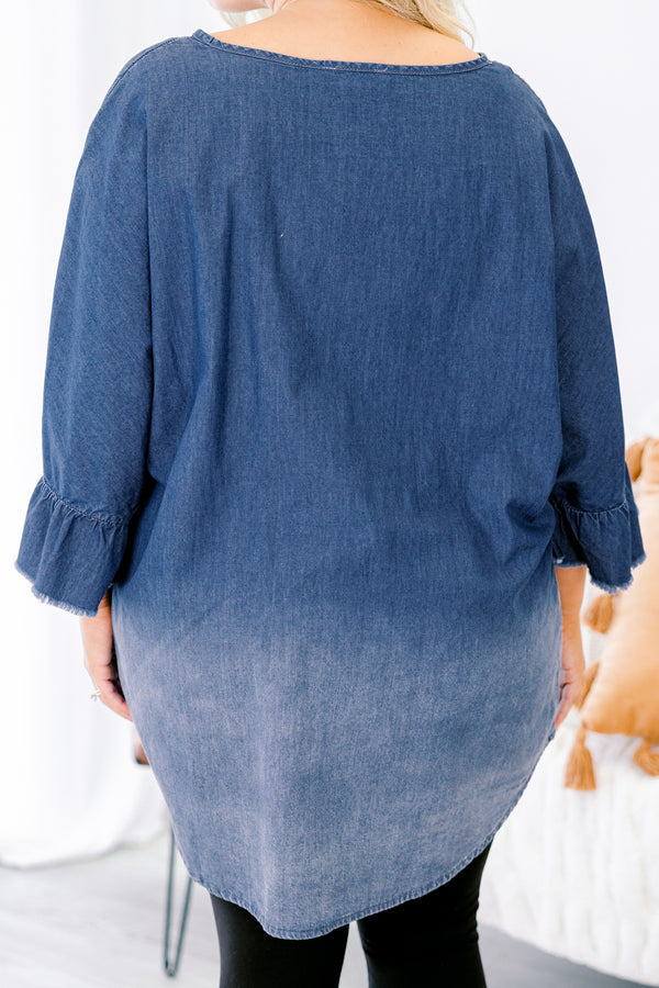 Chic Soul plus size clothing, medium wash to light wash ombre denim mid sleeve top with ruffle edge