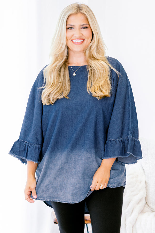 Chic Soul plus size clothing, medium wash to light wash ombre denim mid sleeve top with ruffle edge