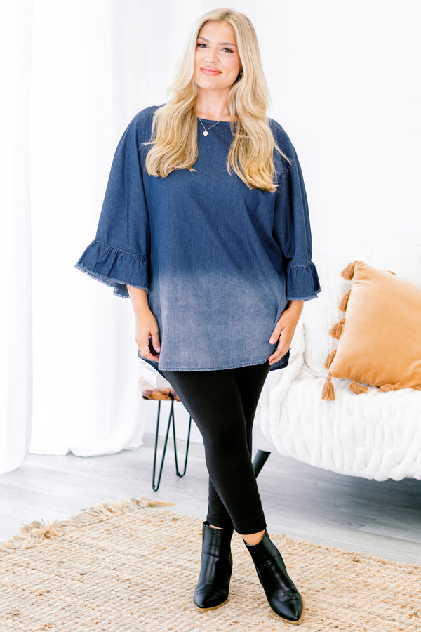 Chic Soul plus size clothing, medium wash to light wash ombre denim mid sleeve top with ruffle edge