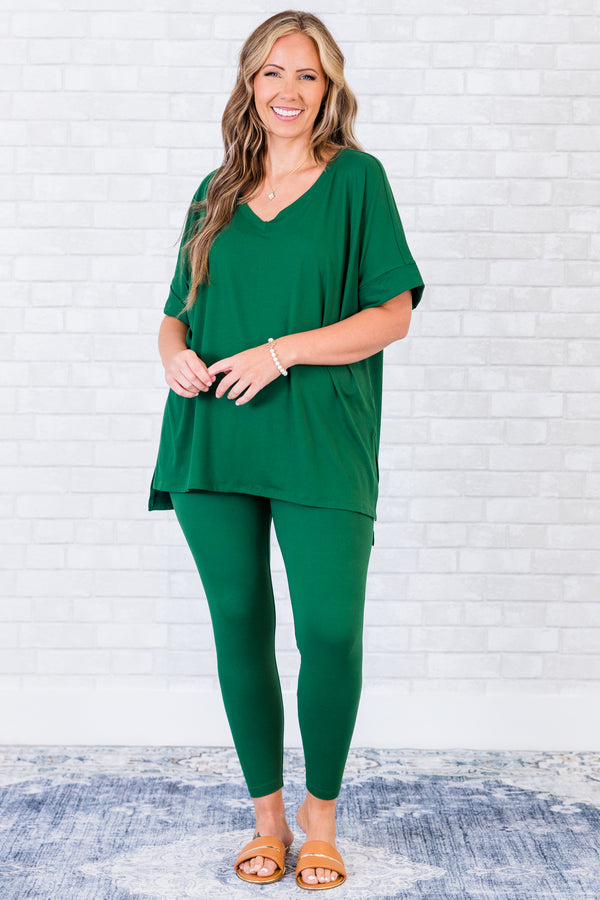 Chic Soul plus size clothing, short-sleeve dark green matching top and leggings set with v-neckline 