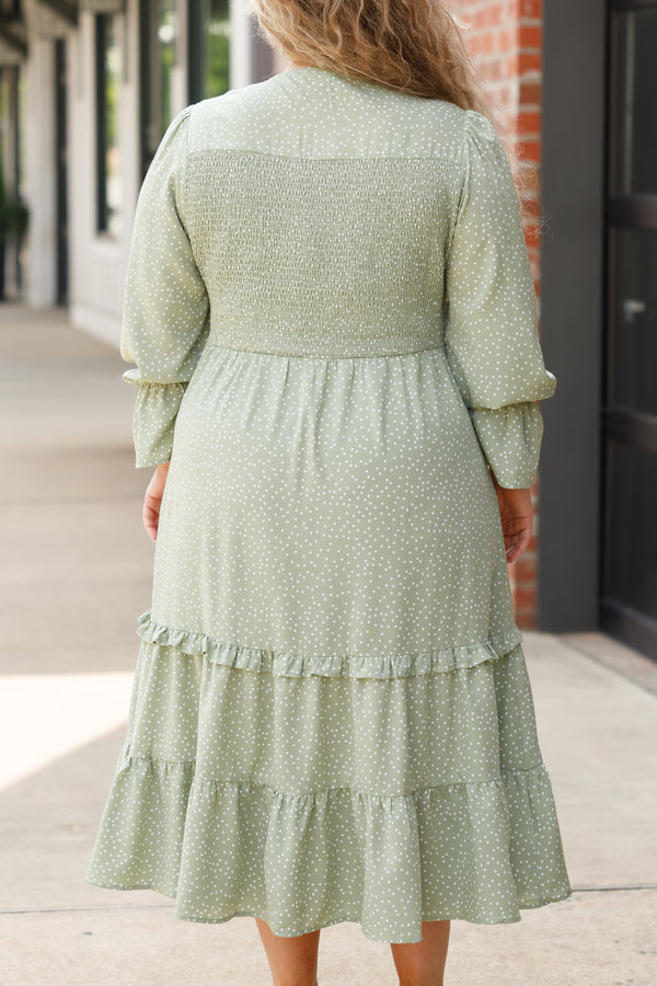Chic Soul plus size clothing, green polka dotted tiered midi dress with a smocked bodice and bubble sleeves
